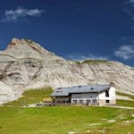 Inmitten sattgrüner Almwiesen lädt die Puezhütte zur gemütlichen Einkehr ein