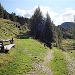 Am Wegesrand lädt eine Aussichtsbank zur Zwischenrast ein