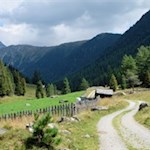 Hinter der Lercheralm schlängelt sich der Weg durch eine verträumte Almlandschaft