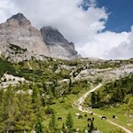 Mit Blick auf die Drei Zinnen zur Auronzohütte