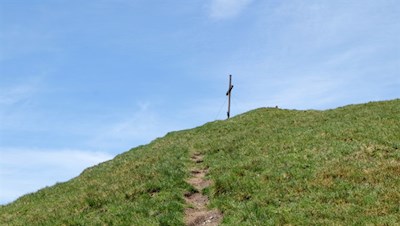 Nur noch wenige Meter trennen uns vom schlichten Gipfelkreuz der Seefeldspitze