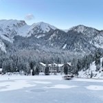 View of the hotel Lago di Braies lake