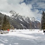 Schilder weisen den Winterwanderweg um und über den Antholzer See