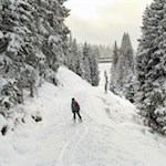 Durch eine schneeverhangene Winterlandschaft in Richtung Platschjoch