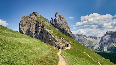 View from the Seceda to the Odle peaks rising to the side