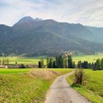 Der Lanerweg führt durch bergumrahmte Wiesen und Felder