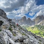 In front of the backdrop of the Cir peaks on the Passo Gardena pass