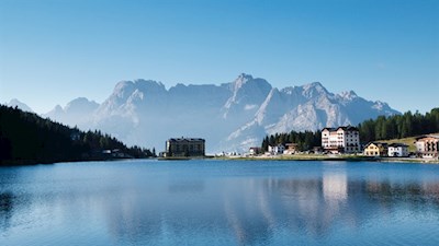 At the picturesque Misurina lake with the Sorapis group in the background