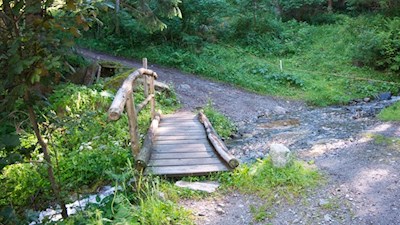 Die kleine Holzbrücke geleitet sicheren Fußes über den Schellenbergbach