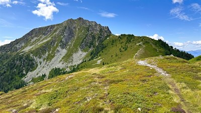 Oberhalb der Grente Alm zieht sich der Weg recht sanft zum Gipfelaufbau des Rammelstein