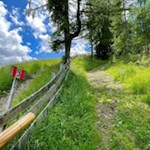 Beim Weiler Ví geht die Wanderung in einen Wiesenweg über