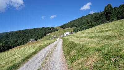Die Klausner Hütte ist in sanfte Wiesen gebettet