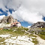 One of the most visited mountain huts: the Rifugio Locatelli mountain hut at the Three Peaks of Lavaredo