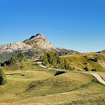 Against the backdrop of the Settsass, the path winds through the picturesque alpine meadows