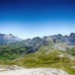 Blick auf den Lang- und Plattkofel, die Rosszähne und den Rosengarten