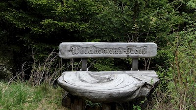 Etwas versteckt lädt ein originelles Bänklein zur gemütlichen Rast ein