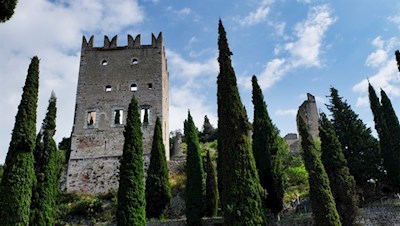 Zahlreiche Zypressen umsäumen die wehrhafte Feste