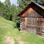 Hinter der Scheune geht der Waldpfad alsbald in einen breiten Wanderweg über