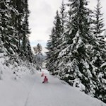 Schneevergnügen während der Abfahrt von der Geisleralm
