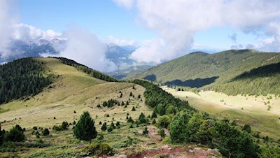 Rückwärtsgewandter Blick auf den Salzla und den breiten Grasrücken