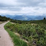 Mit Blick auf die Dolomiten schlängelt sich der Panoramaweg in Richtung Unterhornhaus