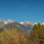 Hinter den herbstbunten Wipfeln ragen die Gipfel der Rieserfernergruppe empor