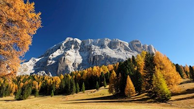 Im Hintergrund türmen sich die hohen Felswände des Heiligkreuzkofel auf