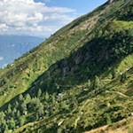 Der Jägersteig führt über abfallende Bergwiesenhänge zu den Muthöfen