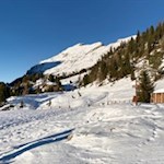 View of Picco di Vallandro from the Rifugio di Vallandro mountain hut