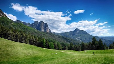 Im Hintergrund ragen die Hammerwand und der Tschafon in den Himmel