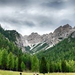 Die Grünwaldalm wird von mächtigen Felsen umfriedet