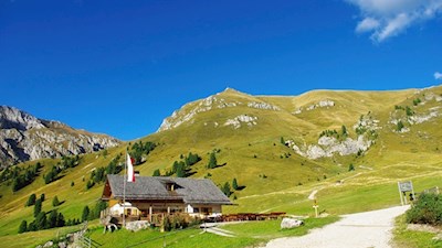 Gampenalm mountain hut in front of the backdrop of Zendleser Kofel (Col di Poma)