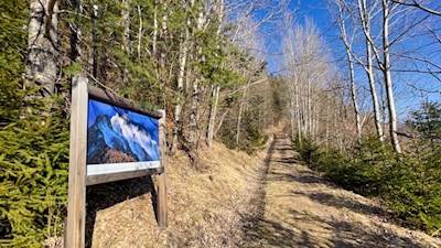 Bergfotografien säumen den Anstieg zur Burg Sprechenstein
