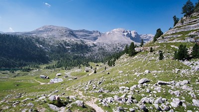 Von der Lavarellahütte schlängelt sich der Weg durch eine steinbeschlagene Almlandschaft auf die Antoniusspitze