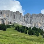 Ausblick auf den Rosengarten von der Almhütte Messnerjoch