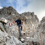 The rope-secured ascent to the Corno Bianco