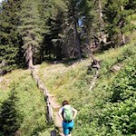 Hinter der kleinen Steintreppe geht die Wanderung in den breiten Weg Nr. 1 über