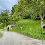 Bei einer Häusergruppe zweigt der Wanderweg Nr. 7 nach Mellaun ab