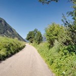 Sanft schlängelt sich der Radweg durch Wiesen und Felder