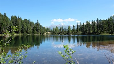 Der Puntleider See wird von Bäumen und den dahinter aufragenden Bergspitzen umrahmt