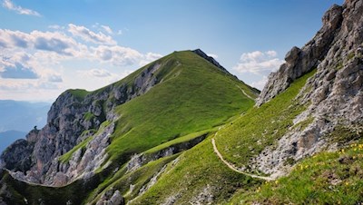 Von der Dreifingerscharte windet sich der Steig über steile Grashänge zur Hochalmhütte Fojedöra 